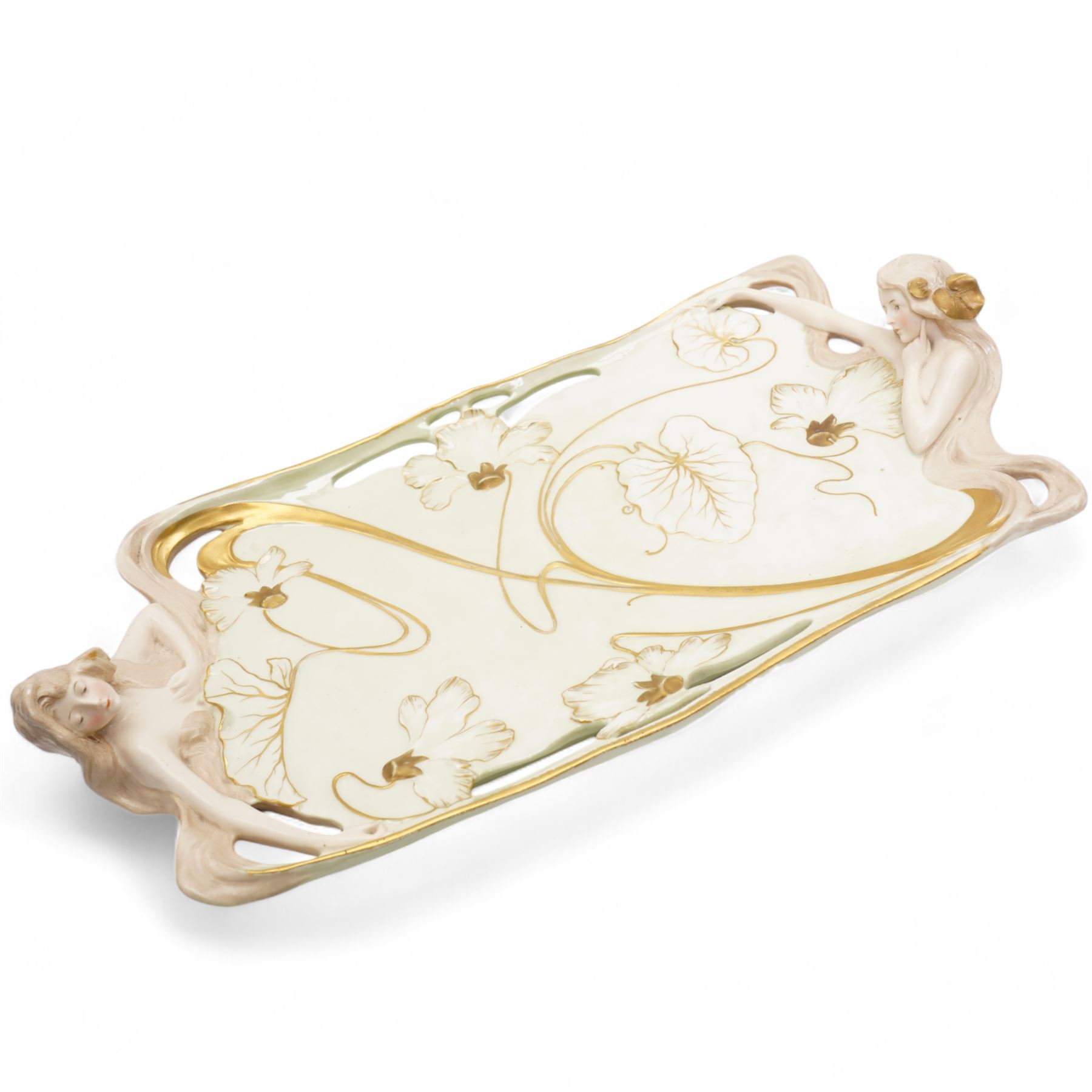 Ernst Wahliss for Turn Wien Austrian Art Nouveau dressing table set, comprising tray, pair of trinket boxes, ring tree and a pair of candle sticks, decorated with maidens and stylised flowers, tray unmarked, tray 42.5cm x 24cm