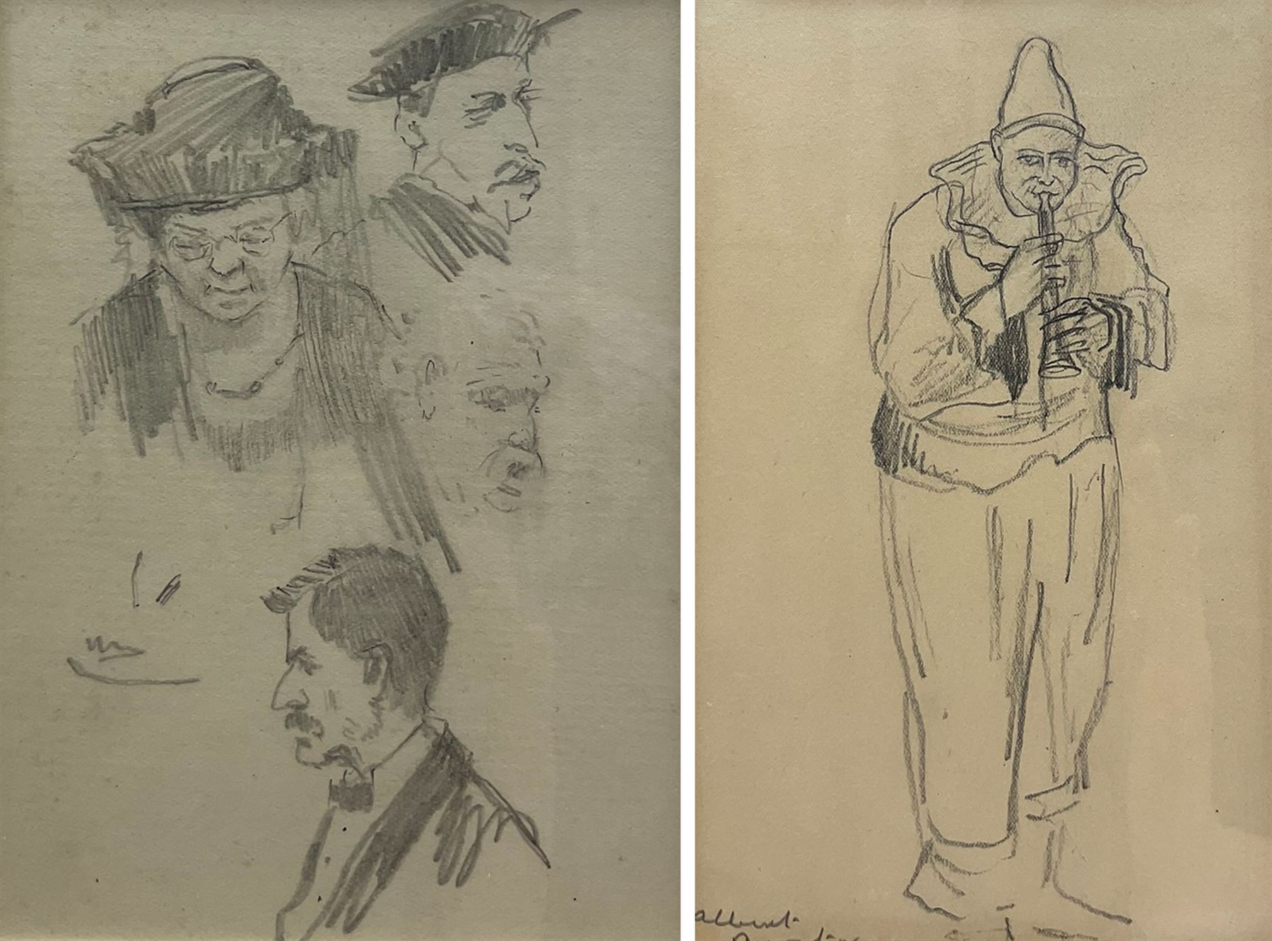 Malcolm Osborne CBE RA PPRE (British 1880-1963): Figure Studies, penceil unsigned, provenance verso 13cm x 9cm; Clifford Hall (British 1904-1973): The Clown 'Albert Procter', pencil titled unsigned, provenance verso 18cm x 11cm (2)