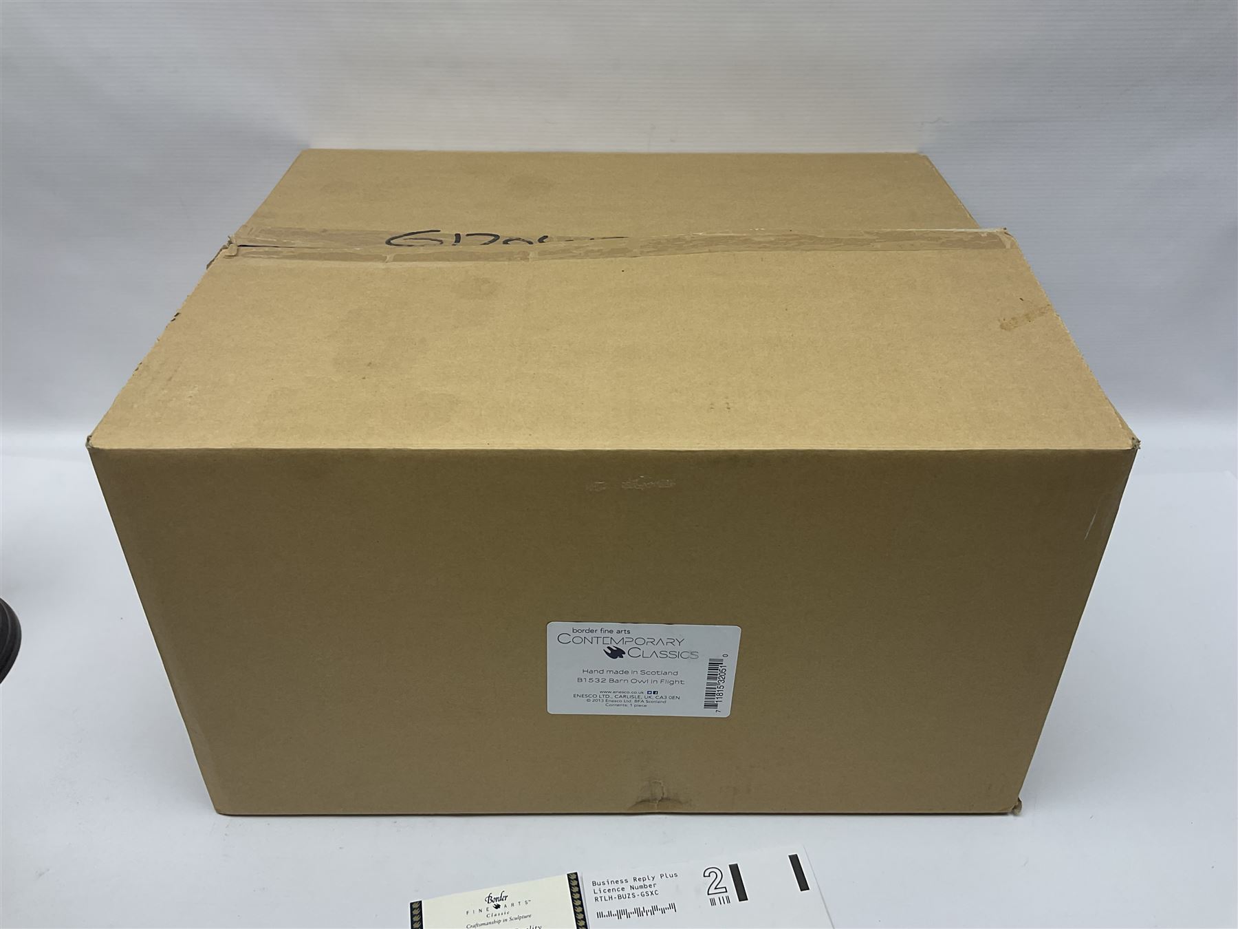 Border Fine Arts figure Barn Owl in Flight B1532, boxed with certificate, together with Country Artists figure Tawny Owl with Honeysuckle CA441, tallest H31.5cm