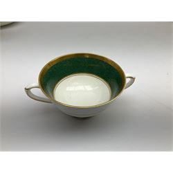 Coalport Athlone Green pattern tea wares, comprising coffee pot, seven coffee cans and saucers, milk jug, open sucrier, six tea cups and saucers, and six twin handled cups and saucers (42) 