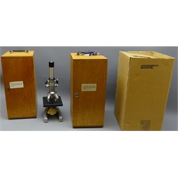  Two Meiji-Labex Model TM-1A grey japanned Microscopes with rack & pinion coarse & fine adjustment, turret with three objectives, on horseshoees bases in wooden cases with cardboad cover, (2), Provenance: Issued to Open University students   