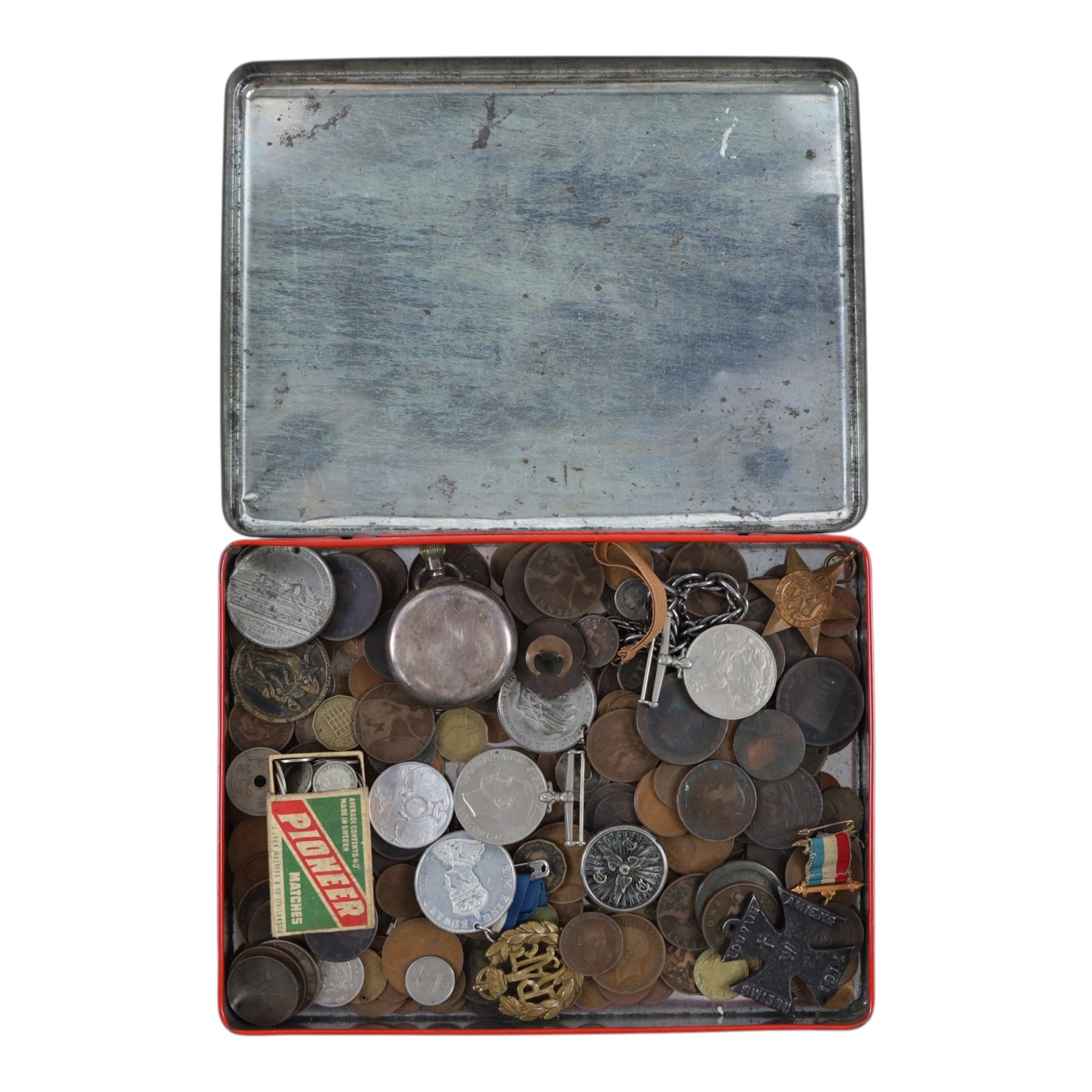 Silver Bravington's pocket watch, collection of Great British and World coins, including approximately 80 grams of pre-1947 silver, silver Cycling Touring badge with token and medals including WWII star and Defence Medal