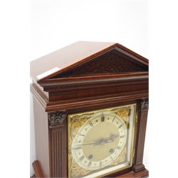  Late 19th century walnut bracket clock, in architectural case with carved frieze, square fluted column pilasters with carved capitals, gilt dial with silvered chapter ring, twin train movement stamped 'W.H' for 'Winterhalder & Hofmeier', striking the hours and quarters on coils, H42cm  