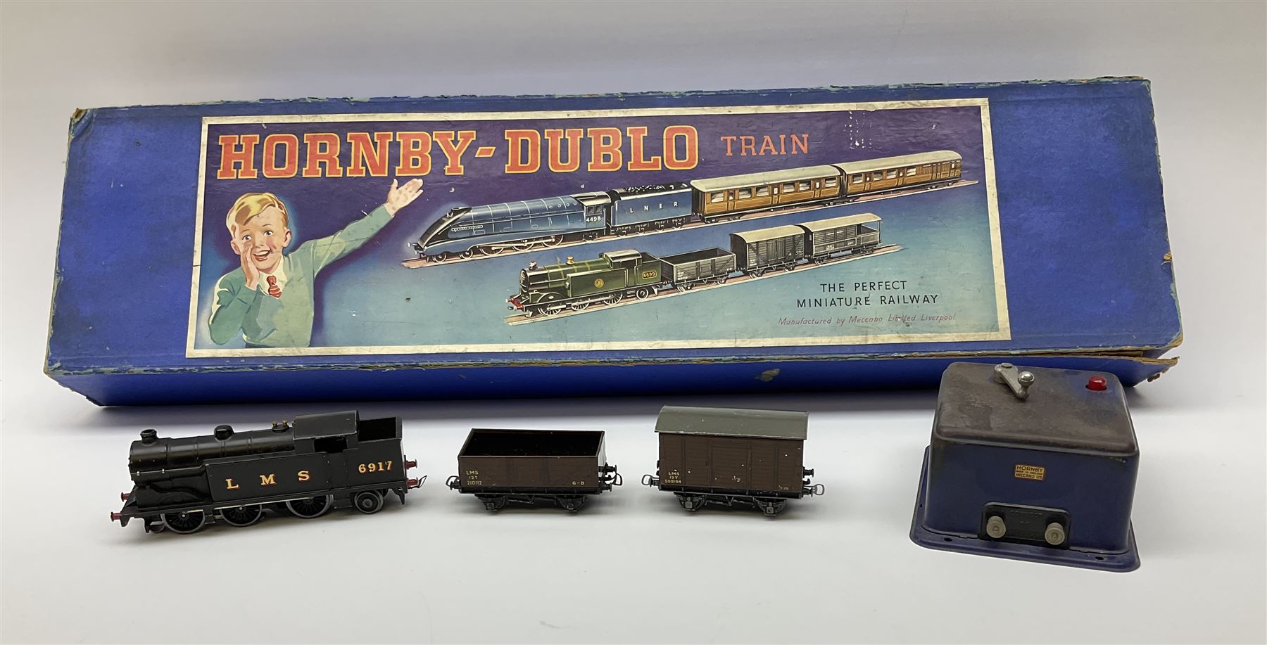 Hornby Dublo - three-rail EDG7 Tank Goods Train set with LMS black 0-6-2 Tank locomotive No.6917, two wagons (lacking brake van), quantity of straight and curved track and controller, in earlier long box.