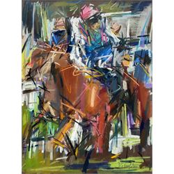 David Greenwood (Northern British Contemporary): 'Byword - Prince of Wales's Stakes', pastel signed and dated 2010, 40cm x 30cm 
Notes: Byword, the British Thoroughbred Bay, won the Prince of Wales's Stakes in 2010 with a time of 2:05.35, ridden by Maxime Guyon, trained by André Fabre, and owned by Khalid Abdullah.