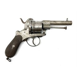 Mid-19th century 12mm (approx. .45cal.) six-shot pin fire revolver with single and double action, bears English proof marks, rifled barrel, fitted ejector rod and chequered walnut split grips L25cm