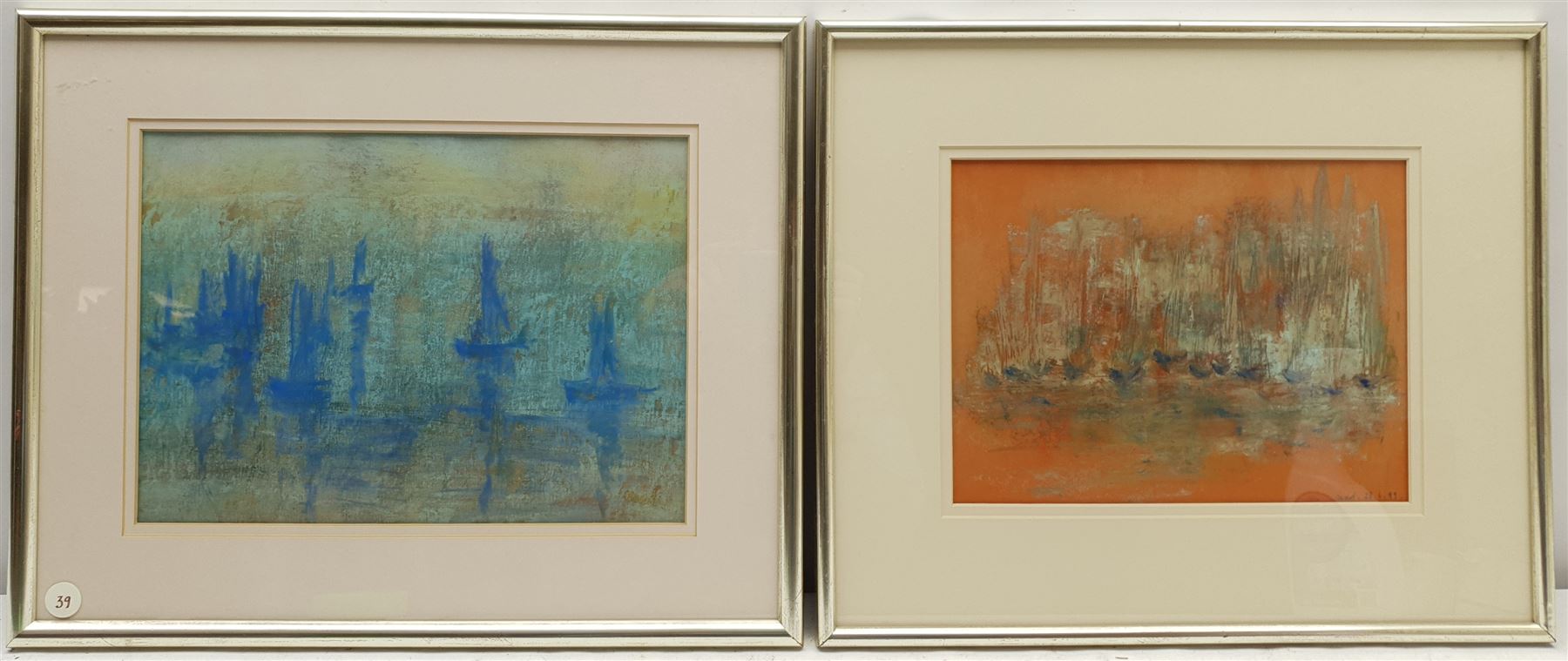 Madeleine Eyland (Belgian/British 1930-2021): 'Blue Boats at Anchor' and 'Blue Dancing Boats', two pastels signed, titled verso 22cm x 30cm and 19cm x 26cm (2) 
Provenance: artist's studio collection. Marie-Madeleine Eyland (neé Legrain) was born in 1930 at Floriffoux, Belgium; she lived most of her life in Scarborough working as a nurse and an artist.