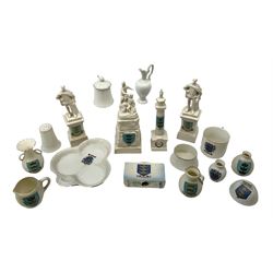 Fourteen items of Hull crested china by W.H. Goss etc including  Boer War, De La Pole and Wilberforce monuments, 3-piece cruet on trefoil stand, various vases and jugs etc  