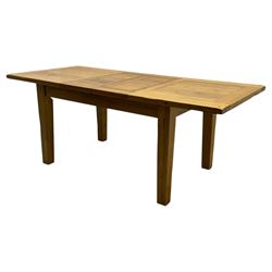 Solid oak extendable dining table and set of four matching chairs, two leaf inserts, with breadboard ends on tapered square supports (Extended length 205cm)