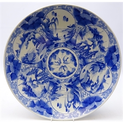  Japanese blue and white charger decorated with seven circular panels each depicting a landscape scene, D40cm   