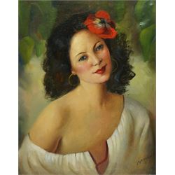 László Demjén (Hungarian 1864-1929): Portrait of a Girl with Flowers in her Hair, oil on c...