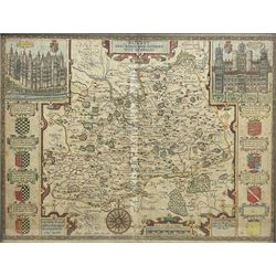 John Speed (British 1552-1629): 'Surrey Described and Divided into Hundreds', 18th century engraved map with later hand-colour 40cm x 52cm