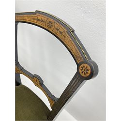 Set three late Victorian salon side chairs, ebonised frames inlaid with amboyna wood, with applied brass beading, turned and fluted supports with gilt detail