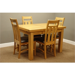  Light oak drawer leaf extending dining table (90cm x 120cm - 180cm, H78cm), and six matching chairs with upholstered seats  