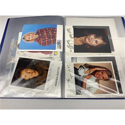 Two folders of over fifty photographs, cards, compliment slips etc of actors, actresses, celebrities, politicians, sports personalities etc, all bearing signatures, including David Frost, Lloyd Grosman, John Suchet, Julia Somerville and othe GMTV presenters, Carol Vorderman, Jackie Collins, Rolf Harris, Timothy Dalton, Pete Postlethwaite, Magnus magnusson, John Major, Kate Moss, Uri Geller, David Beckham, Peter Alliss, Sharon Davies, Kevin Keegan etc