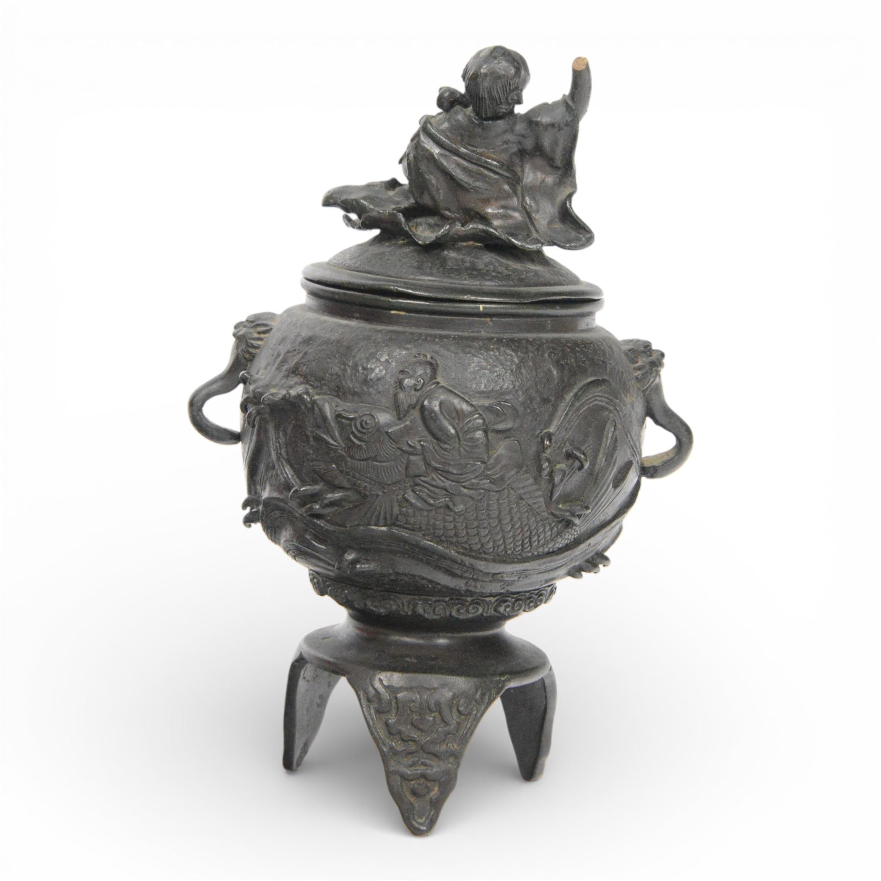 Pair of Japanese bronze koro, raised upon three feet, he body of the koro decorated with figures and animals, the cover mounted with figures, H24cm