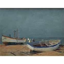 Trevor Chamberlain RSMA ROI (British 1933-): 'Anglers at Dusk Aldeburgh' Suffolk, oil on board signed and dated '93, titled verso15cm x 20cm