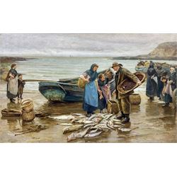 Robert Jobling (Staithes Group 1841-1923): 'A Good Catch' Cullercoats, oil on canvas signed 75cm x 121cm 
Provenance: private collection; with John Nicholson Fine Art, Newcastle, label verso