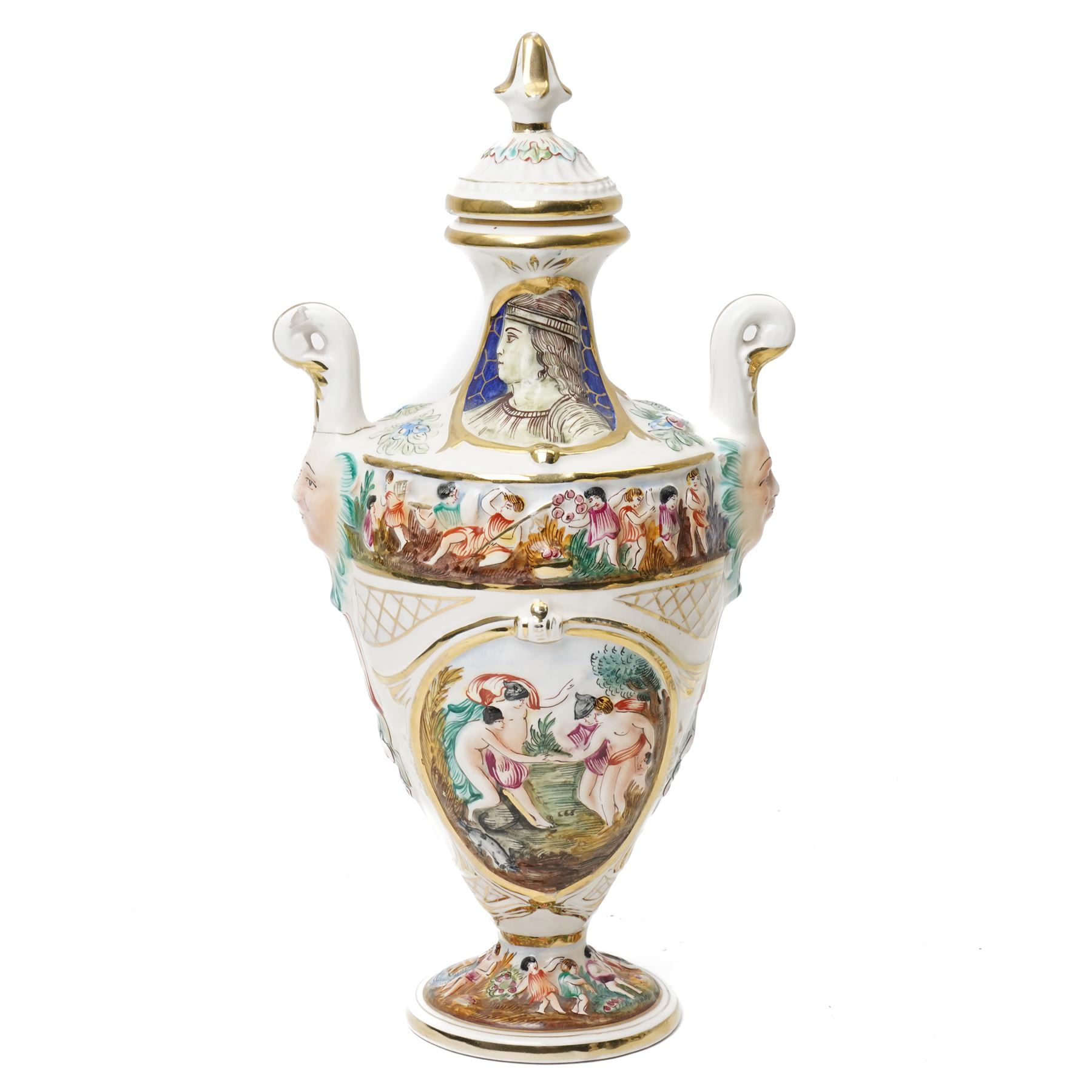 Capodimonte vase and cover decorated with a raised pattern of cherubic figures H32cm, another vases and cover with panels of figures H33cm, bowl and cover with similar decoration D20cm and two other Capodimonte pieces (5)