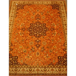  Large Persian Kashan design rust ground rug carpet, large rosette medallion, decorated with hunting scenes and stylised flower heads, 334cm x 253cm  