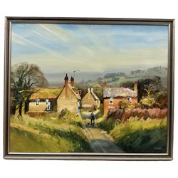 John Lines (British 1938-): Evening Stroll with the Dogs, oil on board signed 59cm x 71cm