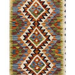 Chobi Kilim runner, geometric design decorated with six lozenges, multi-coloured ground