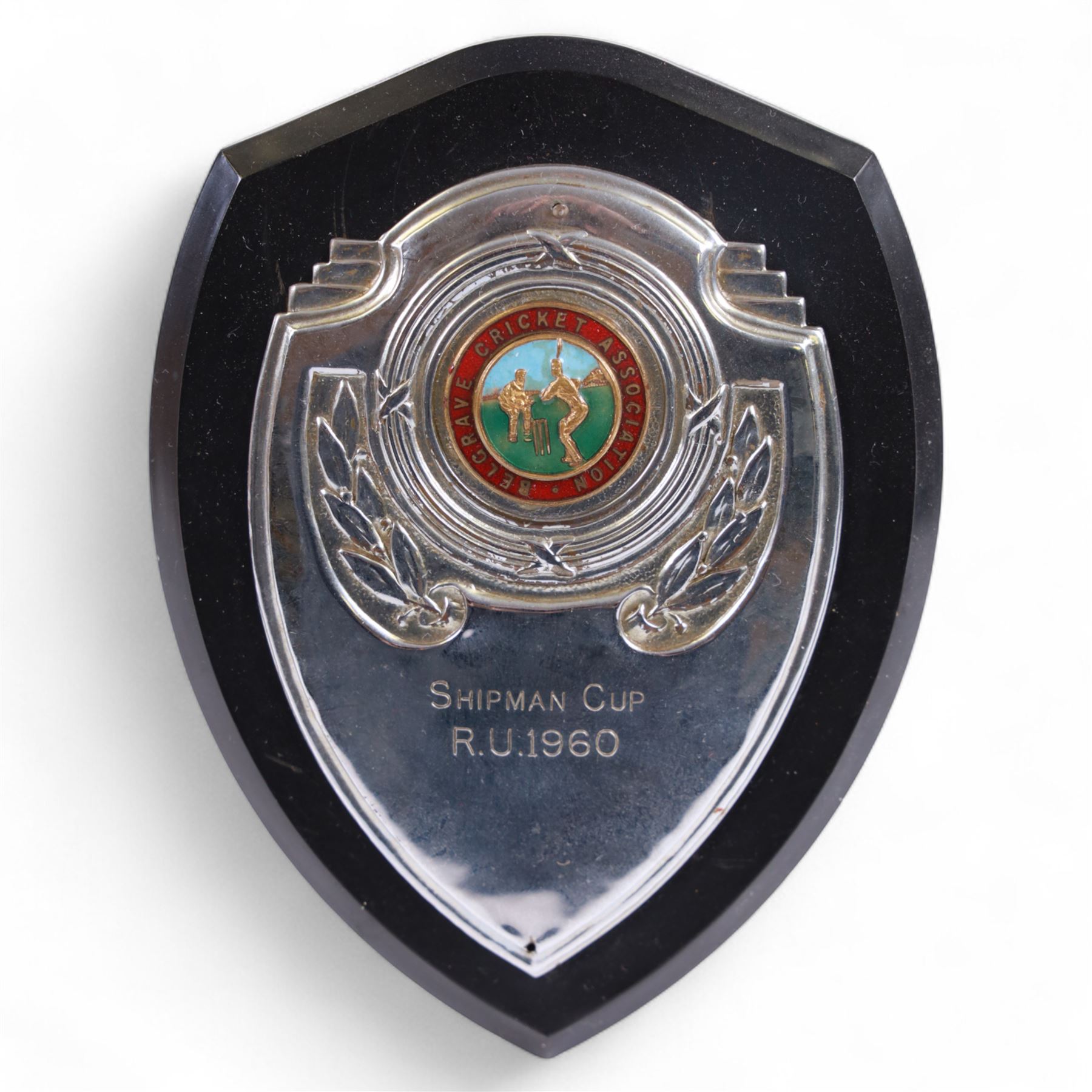 1950s and later cricket trophy cups and plaques, including LT Shipman's CC Winners Carpenter Cup & Shipman Cup 1954 trophy, Shipman's Cup 1956 and The Filbert's Winners 1956 SWBCC plaque, tallest H18.5cm