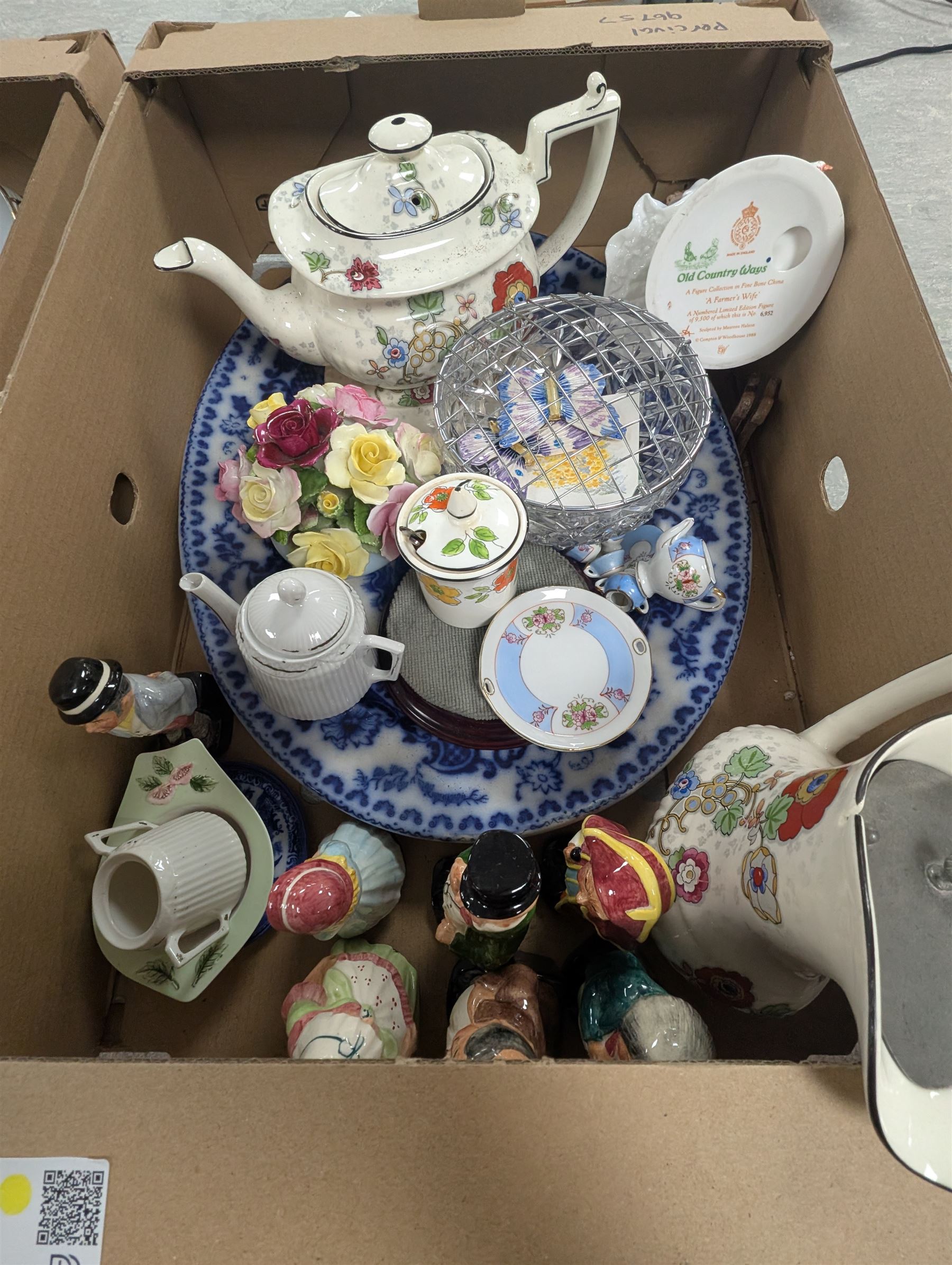 Royal Worcester Old Country Ways figure, Japanese tea service, blue and white platter, cut glass etc