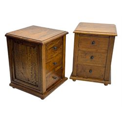 Pair of hardwood bedside chests, square tops with moulded edge, each fitted with three drawers flanked by square pilasters, raised on bun feet