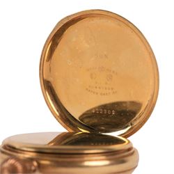 Early 20th century gold-plated keyless lever pocket watch by American Watch Company, Waltham, on 9ct gold chain, with gilt clip