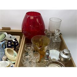 Quantity of assorted glass and ceramics, to include Victorian blue and white Willow pattern platter, and blue and white tureen and cover, teawares decorated in the Imari pallet, large novelty drinking glass with red glass bowl, decanter and stopper, etc., in three boxes 