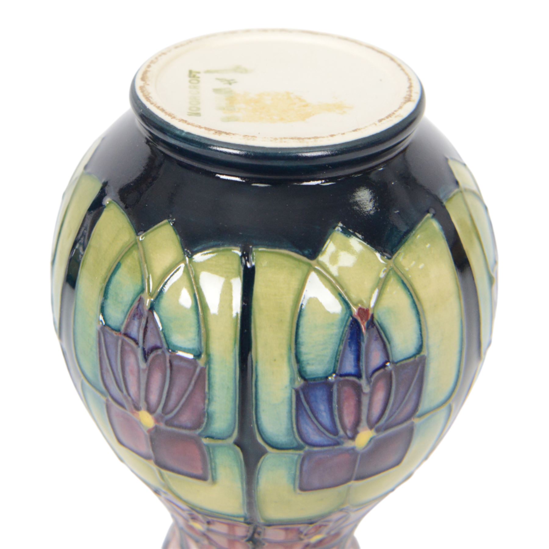 Two Moorcroft vases, in violets pattern, with original boxes, bud vase H17cm