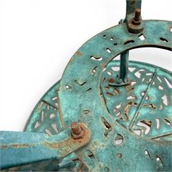 Cast iron garden table and four chairs, in the Art Nouveau style, with pierced floral and foliate decoration throughout, circular table raised on four cabriole legs with stretcher ring, chairs with shaped openwork backs and seats, in a weathered green finish
