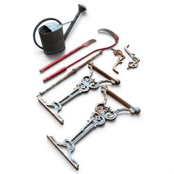 Assorted garden and architectural salvage, comprising a galvanised watering can, two long-...
