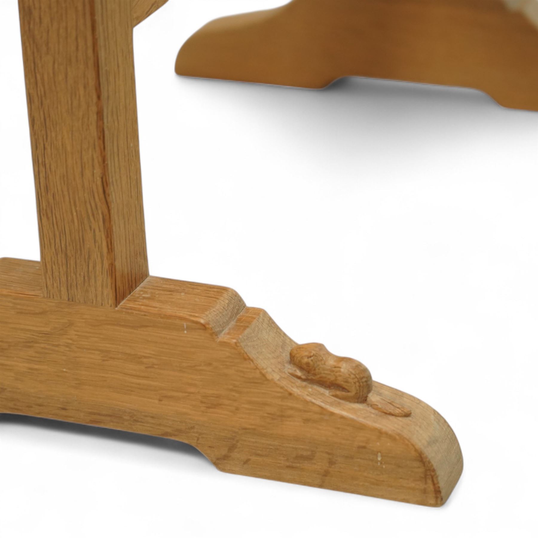 Beaverman - Yorkshire oak cheval dressing mirror, rectangular frame on shaped uprights with sleigh supports, carved with signature beaver to foot, by the workshop of Colin Almack, of Sutton near Thirsk