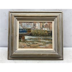 Christine M Pybus (British 1954-): Whitby Quayside, oil on board signed 19cm x 24cm