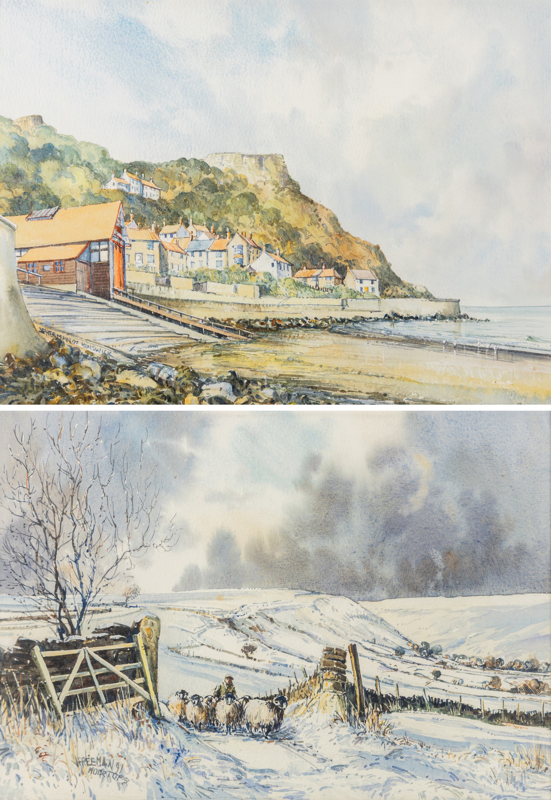 John Freeman (British 1942-): 'Runswick' and 'Moortops', two watercolours signed titled and dated '92 and '91, max 23.5cm x 32.5cm (2)