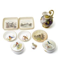 Nine hand-painted Royal Worcester items, comprising two trays painted with Worcester lands...