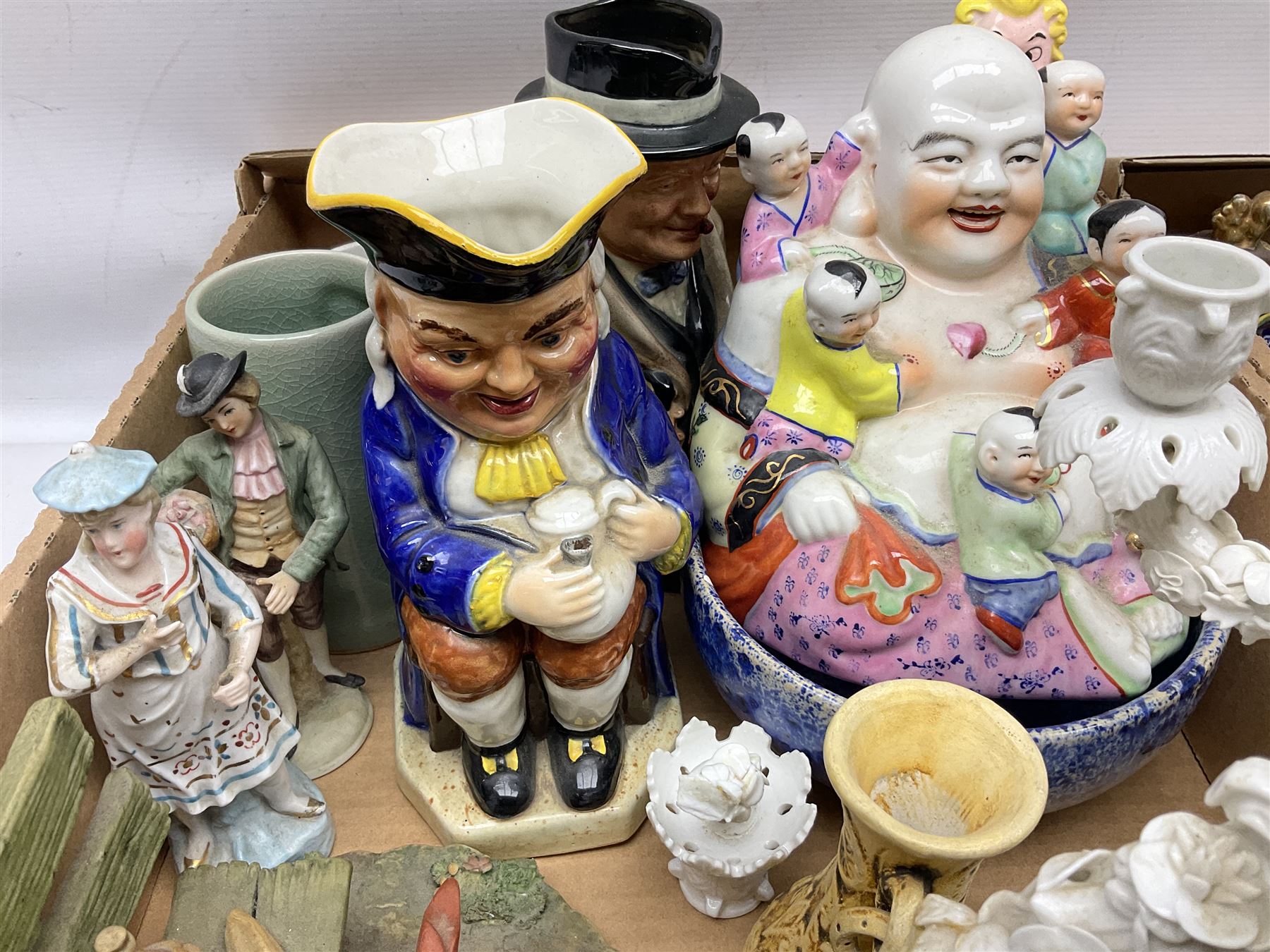 Collection of ceramics to include Royal Doulton Winston Churchill toby jug, Capodimonte style figures, novelty brandy decanter etc, in two boxes