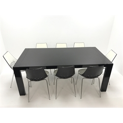  Heals Italian Calligaris piano black and glass top dining table (W100cm, H75cm, D200cm) and set eight chairs ivory and black gloss finish, chrome supports (W47cm)  