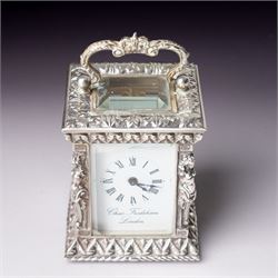 Chas Frodsham -  Miniature carriage clock with white dial and platform lever escapement in cast silver case with caryatid columns and bevelled glass panels H10cm  London assay No.0468