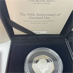 The Royal Mint United Kingdom 2021 'The 50th Anniversary of Decimal Day' silver proof piedfort fifty pence coin and 2022 'Celebrating the Life and Legacy of Dame Vera Lynn' silver proof two pound coin, both cased with certificates 
