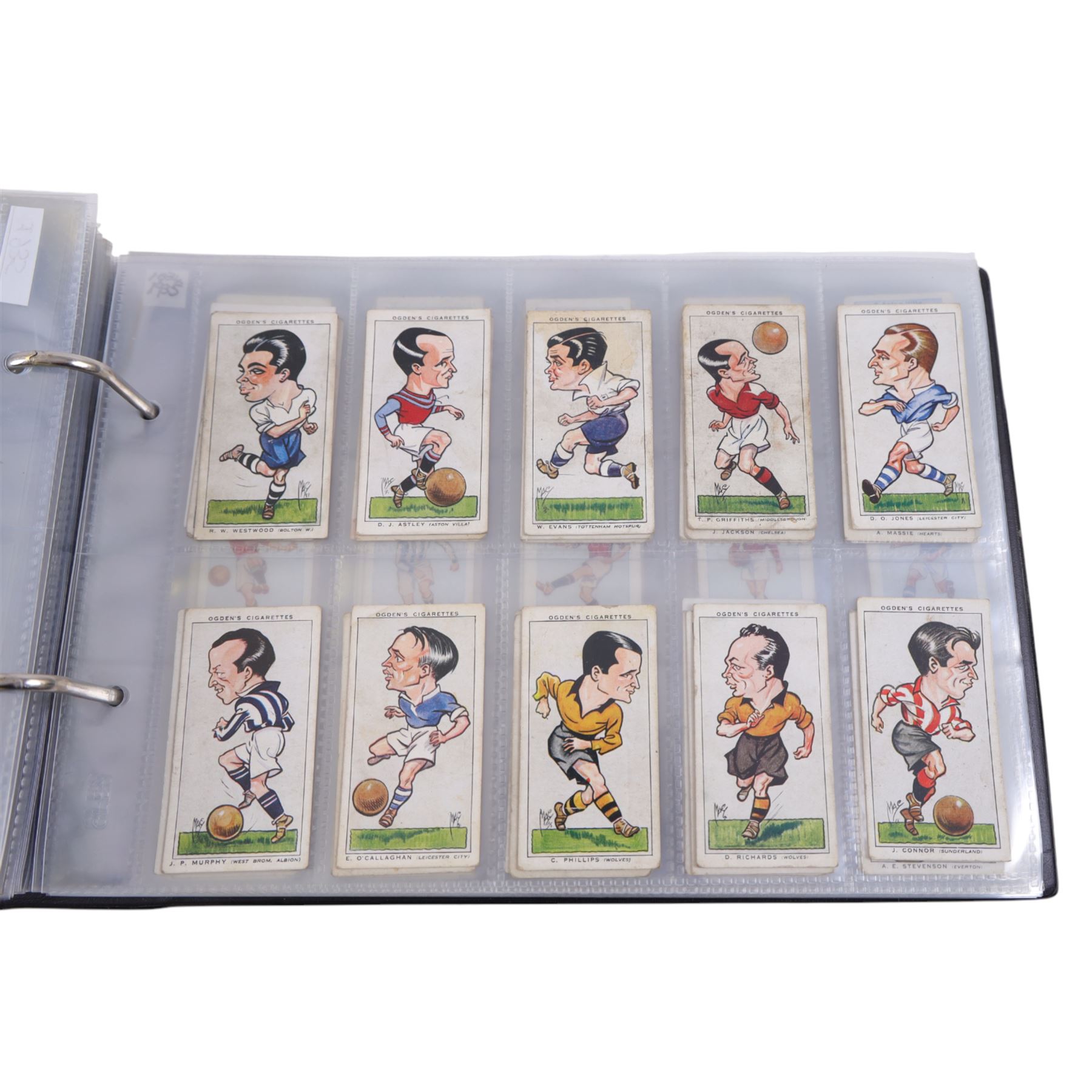 Collection of 1930s and later Football related trading and cigarette cards, including complete set of sixteen 1936 Topical Times Panel Portraits of Star Footballers, collection of further 1930s Footballer Panel Portraits, complete set of twenty-five 1955 The Wizard Famous Footballer cards, complete set of fifty Wills Association Footballers 1935, complete set of fifty Godfrey Phillips International Caps cards, etc, housed in three albums