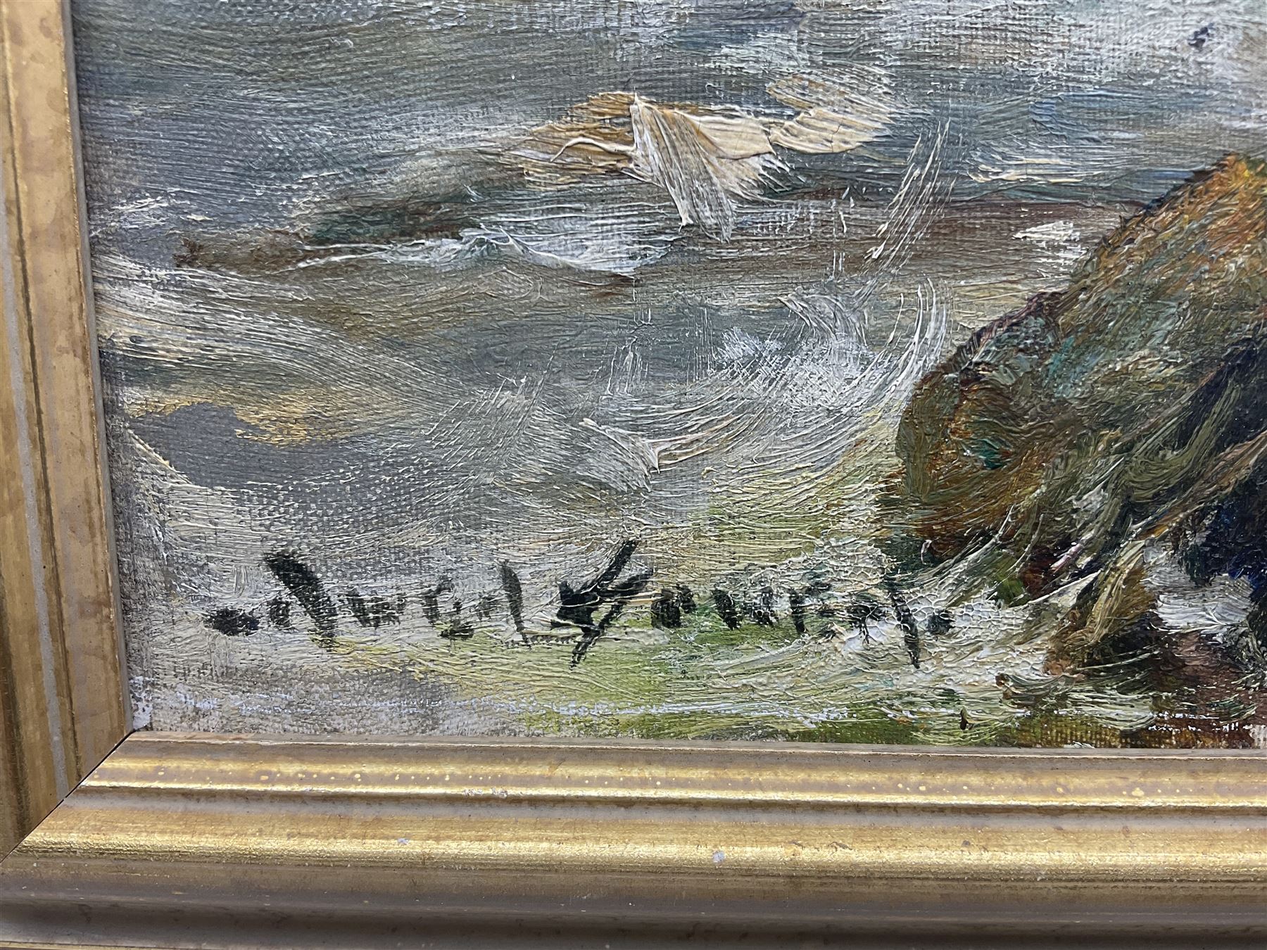 Owen Bowen (Staithes Group 1873-1967): Rocks near Ravenscar, oil on canvas signed 30cm x 40cm