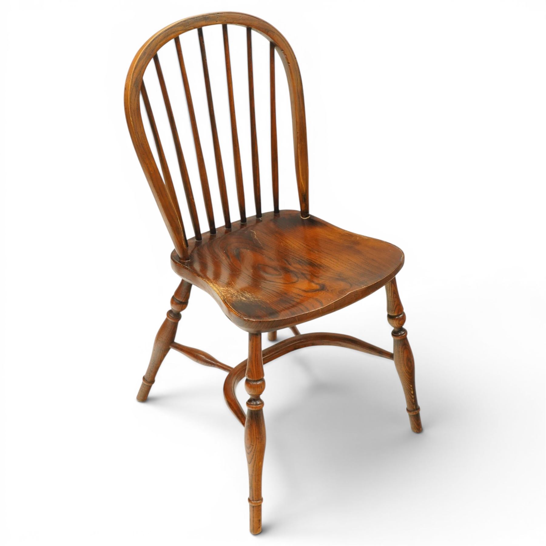 Batheaston Bespoke Furniture Harrogate - set of six (4+2) oak Windsor dining chairs, hoop and stick backs over shaped saddle seats, raised on turned supports united by crinoline stretcher