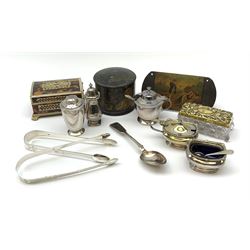 19th century Vizagapatam tortoiseshell and bone casket upon paw feet, L10cm, Oriental papier-mache cylindrical box and cover, Stobwasser style papier-mache cigar case cover, L13.5cm, pair of George III silver sugar tongs hallmarked Peter & William Bateman, London 1807, another George III silver pair, hallmarked Stephen Adams II, London 1808, a Victorian silver fiddle pattern teaspoon, hallmarked Daniel Robertson, Glasgow 1849, a silver plated open salt and mustard each with blue glass liners, a further silver plated cruet set, and a cut glass dressing table jar with repoussé scrolling cover, silver approx 2.6oz, etc