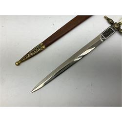 Malayan Kris dagger, the 31.5cm double edged straight heavy damascus blade with copper ferrule; carved hardwood grip; in large wooden throated scabbard with floral decorated white metal covering L47.5cm overall; a kris blade with adapted antler grip; and five various small daggers/letter openers (7)