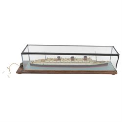 Scratch built model of RMS Queen Mary, in glazed wooden case, H17cm, L74cm