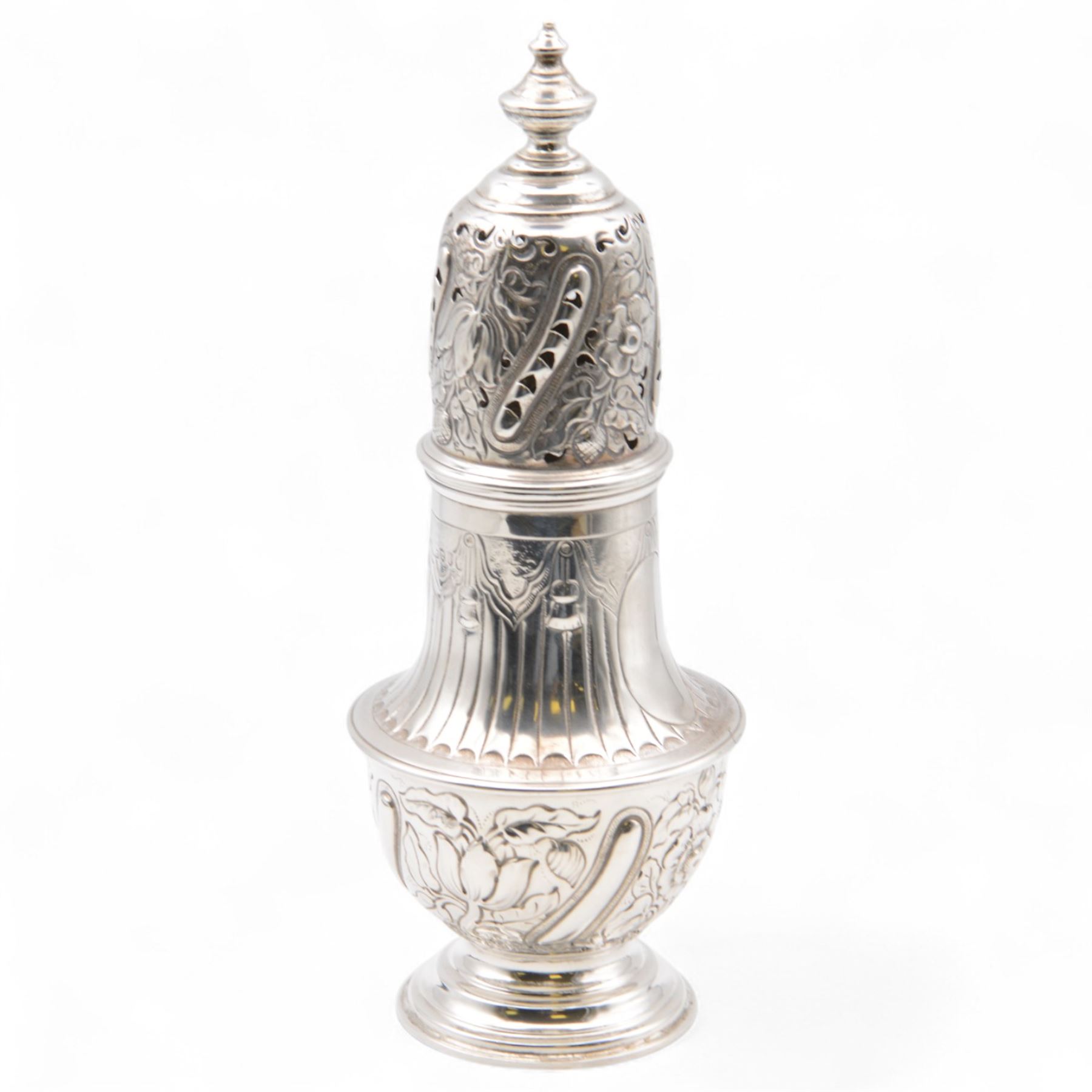 Victorian silver sugar caster, of typical waisted form with engraved and embossed floral and berry decoration, the removable pierced cover with urn finial, upon a circular stepped foot, hallmarked Charles Edwards, London 1884, H20.5cm
