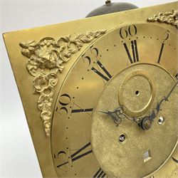 Late 18th century clock movement and dial, square brass dial with Arabic and Roman chapter ring signed 'Thos. (Thomas) Johnston, Dublin', with subsidiary seconds dial and calendar aperture, the dial set with ornate mask cast spandrels, twin train eight day movement striking on bell, with anchor escapement (34.5cm x 34.5cm, 13 1/2